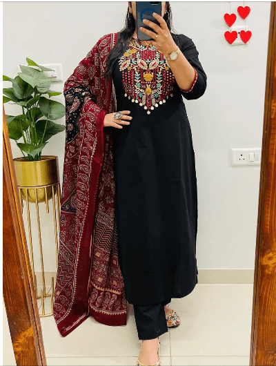 Black Red Straight Cotton Salwar suit - BONYHUBSALWAR KAMEEZ