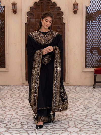 Black Rich Embroidery Sequins Straight Suit - BONYHUBSALWAR KAMEEZ