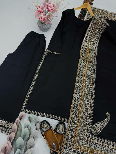 Black Rich Embroidery Sequins Straight Suit - BONYHUBSALWAR KAMEEZ