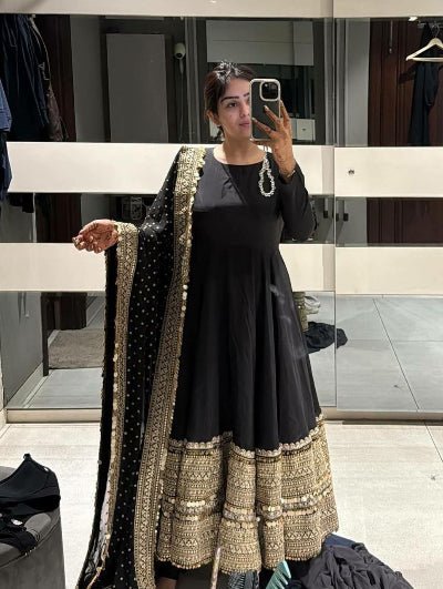 Black Roman Silk Gold Embroidery Anarkali Suit - BONYHUBSALWAR KAMEEZ