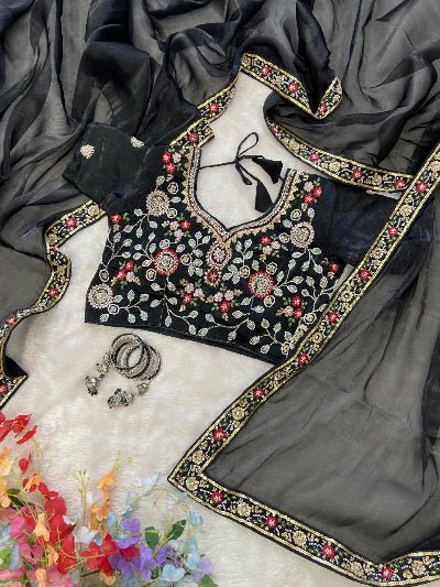 Black Silk Ready to Wear Saree with Embroidered Stitched Blouse - BONYHUBSAREE