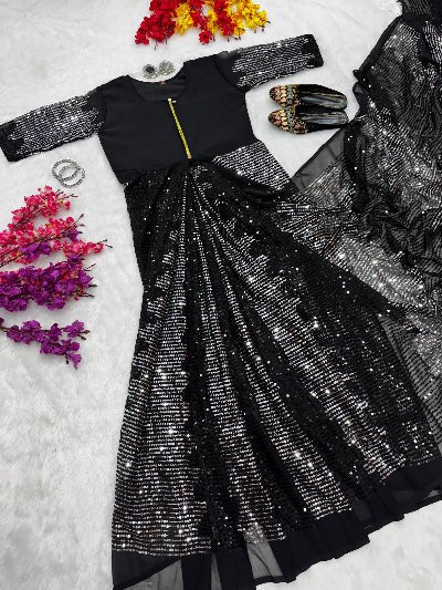 Black & Silver Sequins Zip & Go 10 Second Saree Gown UK Next Day - BONYHUBSAREE