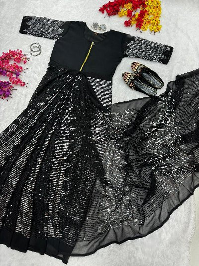 Black & Silver Sequins Zip & Go 10 Second Saree Gown UK Next Day - BONYHUBSAREE