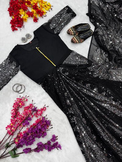 Black & Silver Sequins Zip & Go 10 Second Saree Gown UK Next Day - BONYHUBSAREE