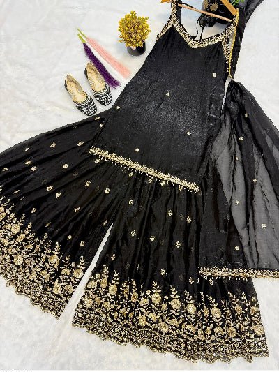 Black Sleeveless Embroidery Zari Work Sharara Suit - BONYHUBSALWAR KAMEEZ