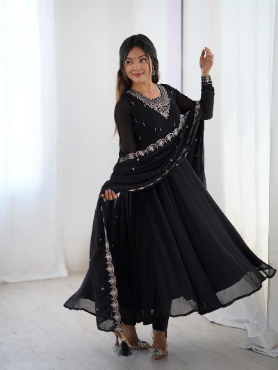 Black Soft Georgette Embroidered Anarkali Suit Set - BONYHUBSALWAR KAMEEZ