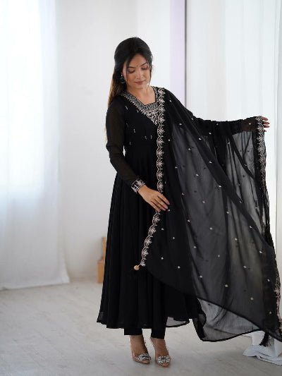 Black Soft Georgette Embroidered Anarkali Suit Set - BONYHUBSALWAR KAMEEZ