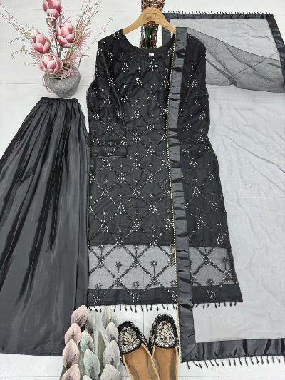 Black Soft Net Lace Embroidery Work Palazzo Suit - BONYHUBSALWAR KAMEEZ
