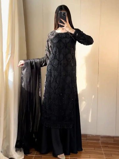 Black Soft Net Lace Embroidery Work Palazzo Suit - BONYHUBSALWAR KAMEEZ