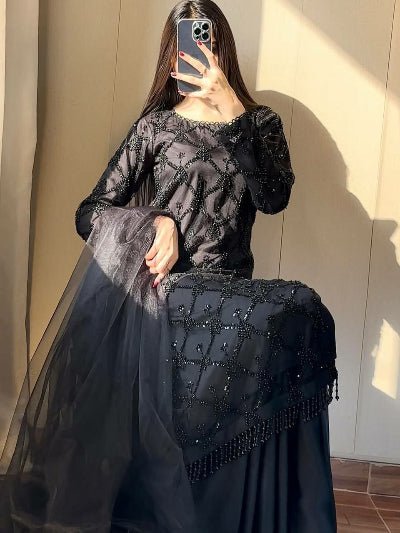 Black Soft Net Lace Embroidery Work Palazzo Suit - BONYHUBSALWAR KAMEEZ