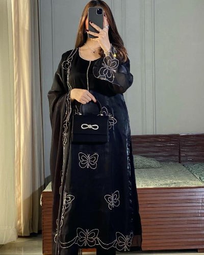 Black Stylish Butterfly Pattern Work Salwar Suit Set - BONYHUBSALWAR KAMEEZ