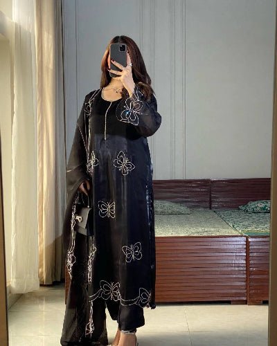Black Stylish Butterfly Pattern Work Salwar Suit Set - BONYHUBSALWAR KAMEEZ