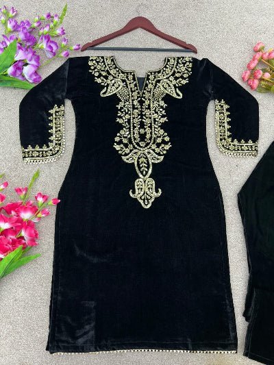 Velvet Heavy Embroidered Sleeves Kurti Pant Set - BONYHUBSALWAR KAMEEZ