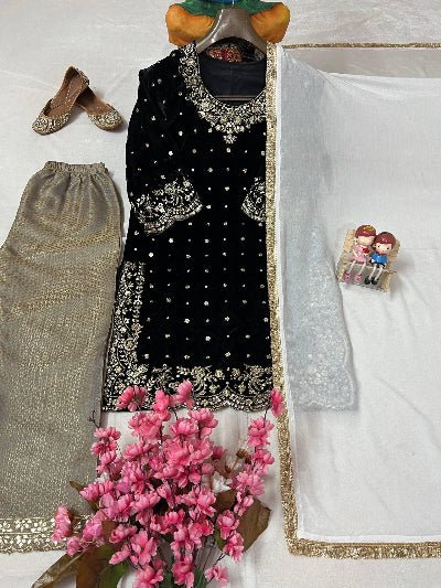 Black Velvet Gold Jacquard Silk Embroidered Suit Set - BONYHUBSALWAR KAMEEZ
