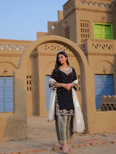 Black Velvet Gold Jacquard Silk Embroidered Suit Set - BONYHUBSALWAR KAMEEZ