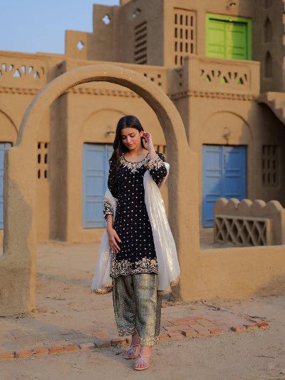 Black Velvet Gold Jacquard Silk Embroidered Suit Set - BONYHUBSALWAR KAMEEZ