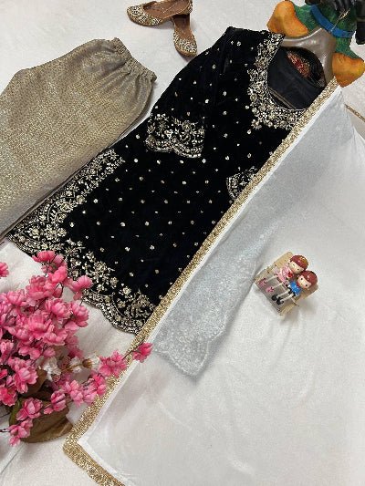 Black Velvet Gold Jacquard Silk Embroidered Suit Set - BONYHUBSALWAR KAMEEZ