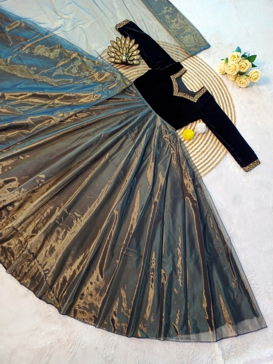 Black Velvet & Soft Tissue Silk Anarkali Gown Dupatta Set Of 2 - BONYHUBSALWAR KAMEEZ