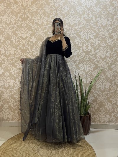 Black Velvet & Soft Tissue Silk Anarkali Gown Dupatta Set Of 2 - BONYHUBSALWAR KAMEEZ