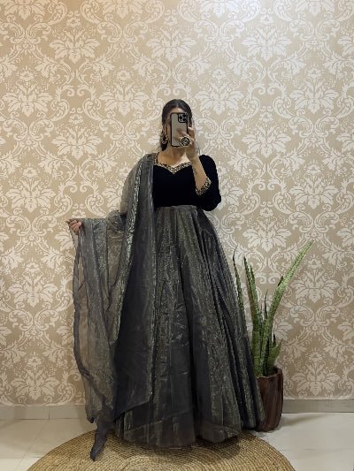 Black Velvet & Soft Tissue Silk Anarkali Gown Dupatta Set Of 2 - BONYHUBSALWAR KAMEEZ