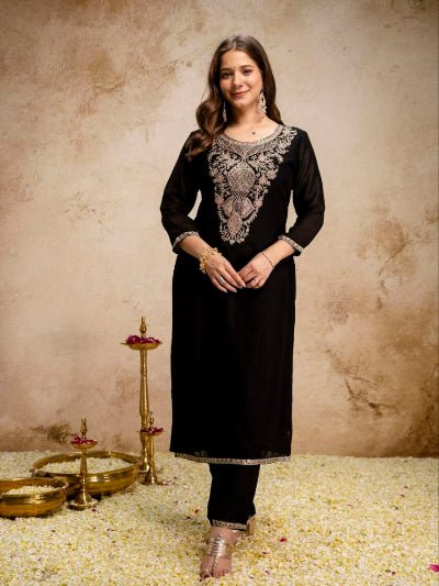 Black Vichitra Silk Embroidered Salwar Suit - BONYHUBSALWAR KAMEEZ