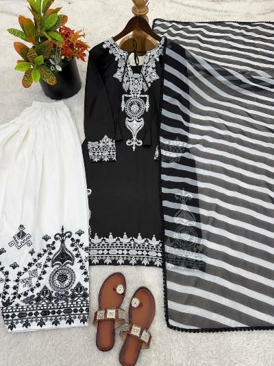 Black &amp; White Crepe Silk Embroidered Farshi Suit UK Next Day - BONYHUBSALWAR KAMEEZ