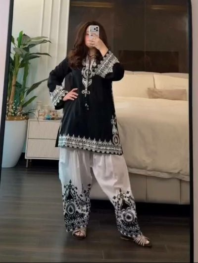 Black &amp; White Crepe Silk Embroidered Farshi Suit UK Next Day - BONYHUBSALWAR KAMEEZ
