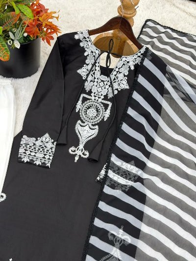 Black &amp; White Crepe Silk Embroidered Farshi Suit UK Next Day - BONYHUBSALWAR KAMEEZ