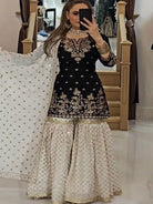Black & White Georgette Sequins Embroidered Sharara Suit UK Next Day - BONYHUBSALWAR KAMEEZ
