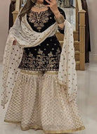 Black & White Georgette Sequins Embroidered Sharara Suit UK Next Day - BONYHUBSALWAR KAMEEZ