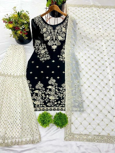 Black & White Georgette Sequins Embroidered Sharara Suit UK Next Day - BONYHUBSALWAR KAMEEZ