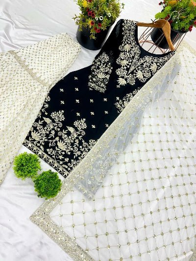 Black & White Georgette Sequins Embroidered Sharara Suit UK Next Day - BONYHUBSALWAR KAMEEZ