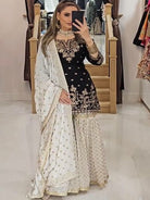 Black & White Georgette Sequins Embroidered Sharara Suit UK Next Day - BONYHUBSALWAR KAMEEZ