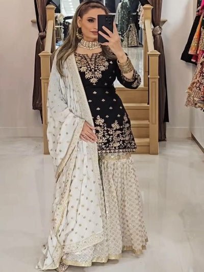 Black & White Georgette Sequins Embroidered Sharara Suit UK Next Day - BONYHUBSALWAR KAMEEZ