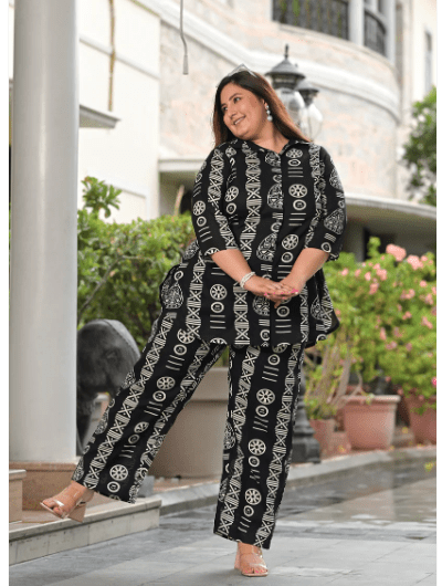 Black & White Printed Cotton Kurti Trouser Set of 2 UK Next Day - BONYHUBsalwar suit