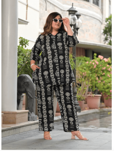 Black & White Printed Cotton Kurti Trouser Set of 2 UK Next Day - BONYHUBsalwar suit