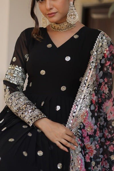 Black With Floral Dupatta Georgette Gown Set Of 2 UK Next Day - BONYHUBSALWAR KAMEEZ