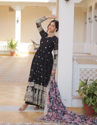 Black With Floral Dupatta Georgette Gown Set Of 2 UK Next Day - BONYHUBSALWAR KAMEEZ