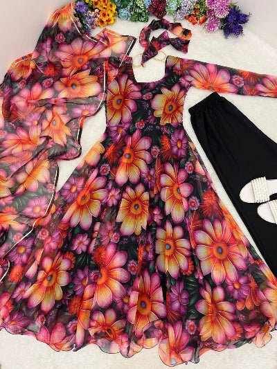 Blooming Radiance Floral Organza Anarkali Gown Suit Set - BONYHUBSALWAR KAMEEZ