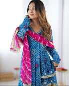 Blue Bandhani Georgette Anarkali Suit Pink Leheriya Dupatta - BONYHUBSALWAR KAMEEZ