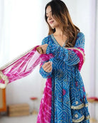 Blue Bandhani Georgette Anarkali Suit Pink Leheriya Dupatta - BONYHUBSALWAR KAMEEZ