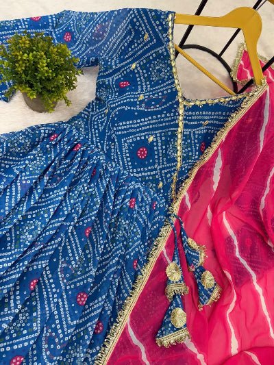 Blue Bandhani Georgette Anarkali Suit Pink Leheriya Dupatta - BONYHUBSALWAR KAMEEZ