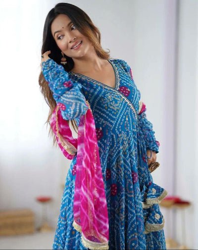 Blue Bandhani Georgette Anarkali Suit Pink Leheriya Dupatta - BONYHUBSALWAR KAMEEZ