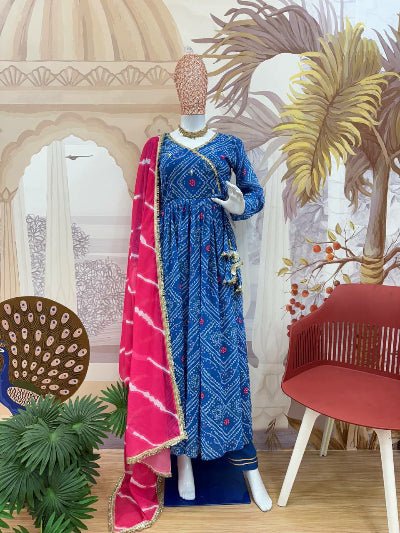 Blue Bandhani Georgette Anarkali Suit Pink Leheriya Dupatta - BONYHUBSALWAR KAMEEZ
