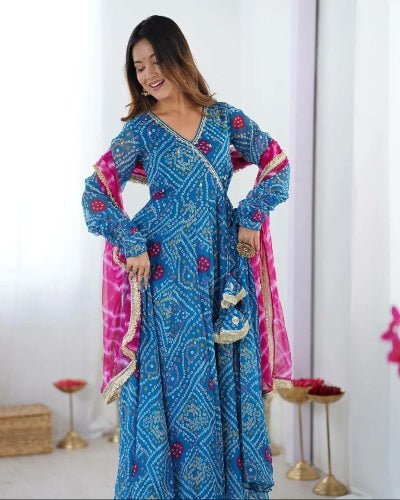 Blue Bandhani Georgette Anarkali Suit Pink Leheriya Dupatta - BONYHUBSALWAR KAMEEZ