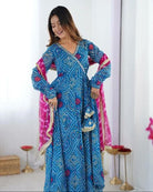Blue Bandhani Georgette Anarkali Suit Pink Leheriya Dupatta - BONYHUBSALWAR KAMEEZ
