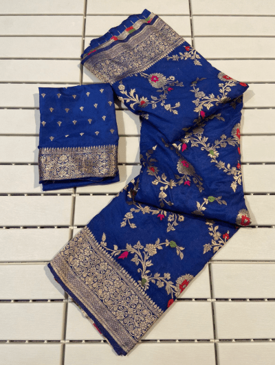 Blue Benarasi Zari Silk Wedding Saree UK Next Day - BONYHUBSAREE