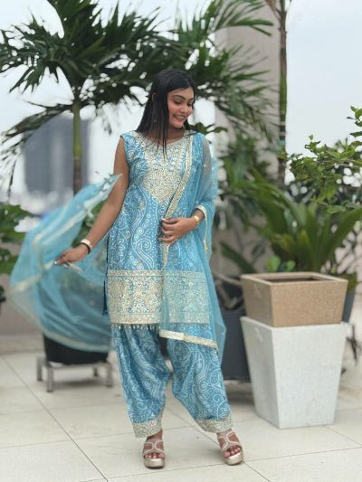 Blue Chinon Bandhani Gold Embroidery Punjabi Salwar Suit Set - BONYHUBSALWAR KAMEEZ