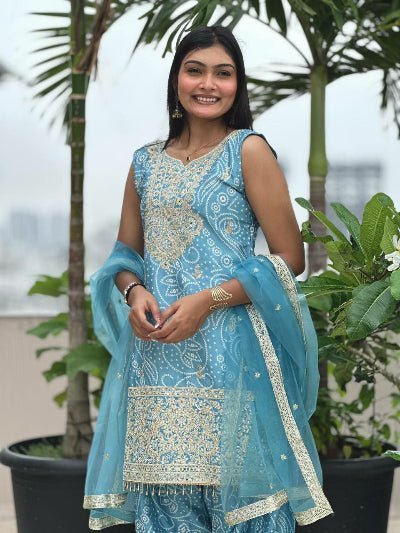 Blue Chinon Bandhani Gold Embroidery Punjabi Salwar Suit Set - BONYHUBSALWAR KAMEEZ