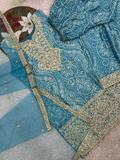 Blue Chinon Bandhani Gold Embroidery Punjabi Salwar Suit Set - BONYHUBSALWAR KAMEEZ